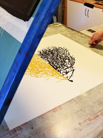 workshop 48 Screen print on paper, spiky boat heart in two colors, black-ocher