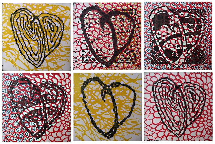  heart 49  etching & painting, 2018, 10*10 cm each one